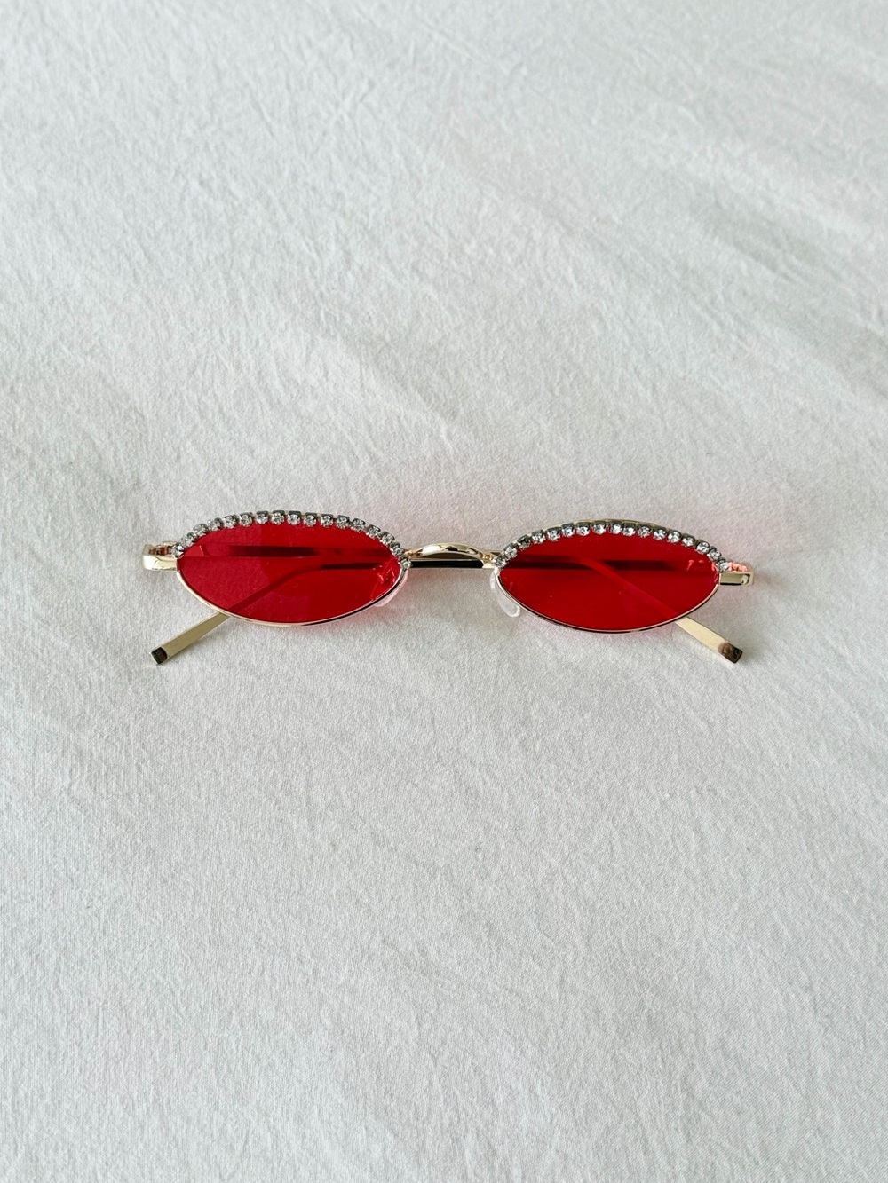 Rhinestone Trim Red Oval Sunglasses - Women Accessories